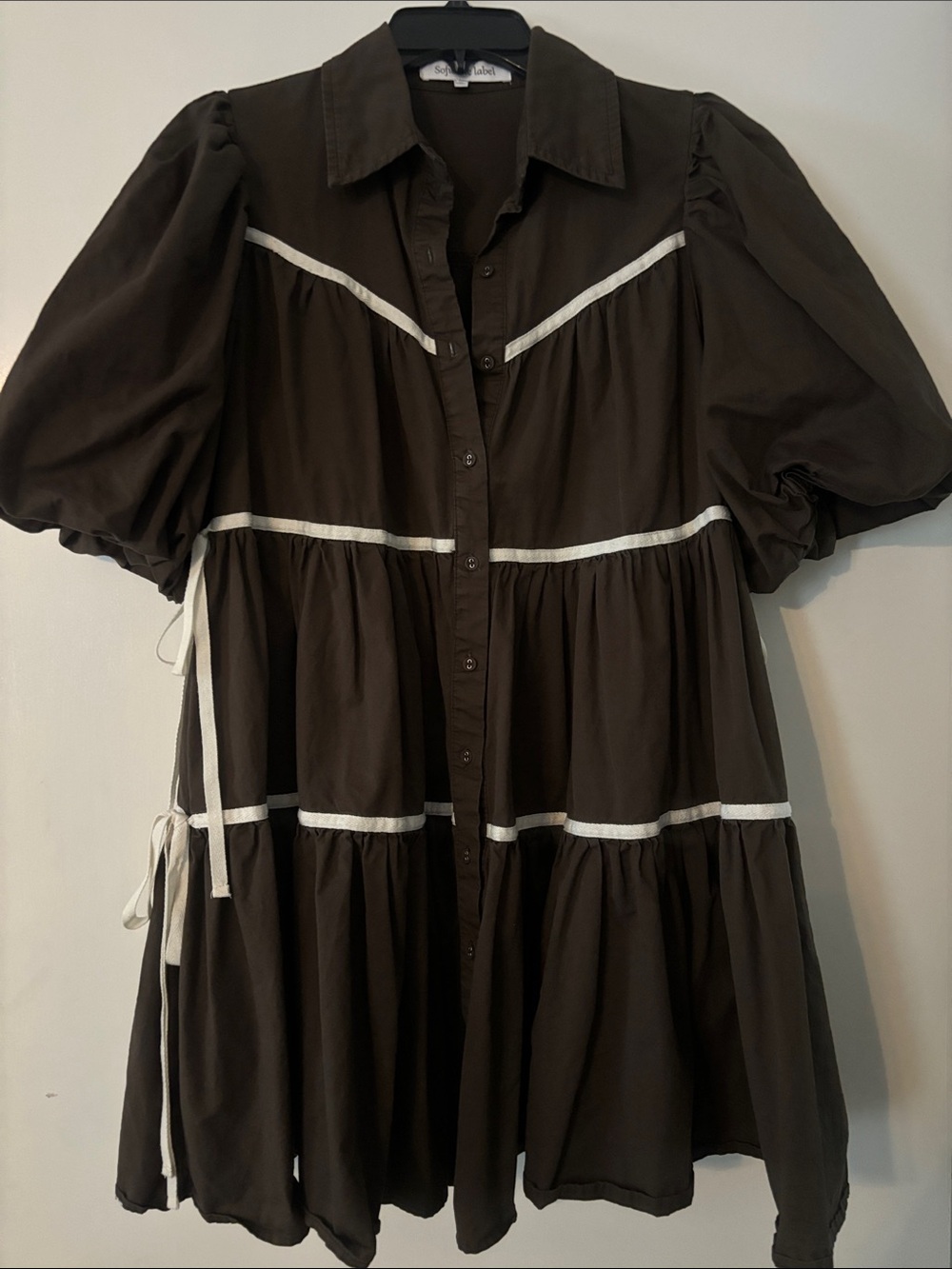 Puff Sleeve Tiered Mini Dress in Dark Brown with Contrast Trim